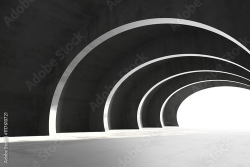 Abstract urban tunnel with concrete arches and light. 3d render photo