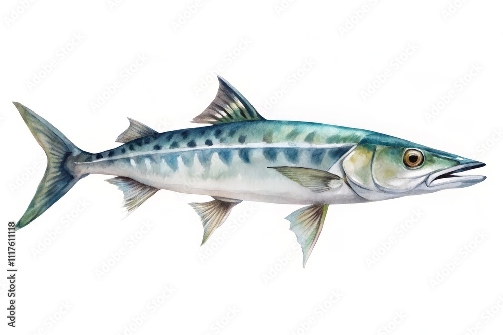 Fototapeta premium A Stunning Watercolor Barracuda Fish in Mid-Swim, Isolated on a Background for Minimalist Photography Enthusiasts and Ocean Life Art Collectors