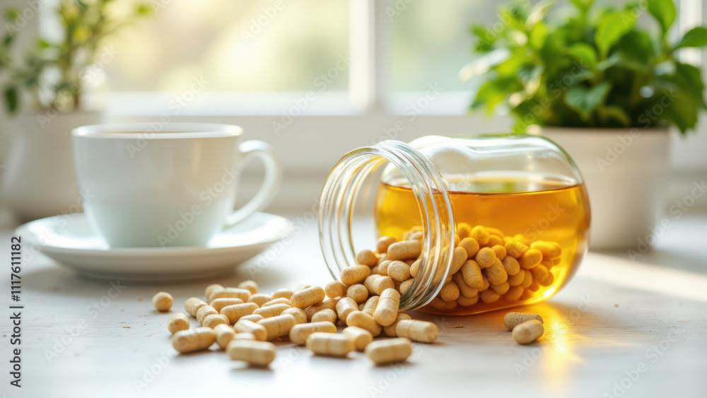 Magnesium capsules spilled from a glass bottle onto a kitchen counter with coffee cup nearby. Magnesium capsules spilled from a glass bottle onto a kitchen counter with coffee cup nearby.