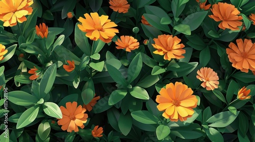 Lush orange flowers and green leaves.