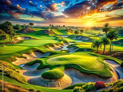 Abstract Golf Course Scene Featuring Putting Greens, Sandpits, and Pin Placement - A Unique Perspective on Golfing Landscapes for Enthusiasts and Designers photo