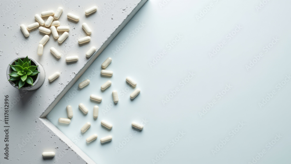 Magnesium capsules scattered on a white surface with a contrasting edge. Magnesium capsules scattered on a white surface with a contrasting edge.