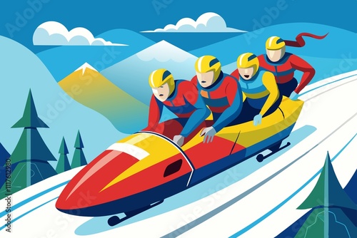 Colored sport winter bobsled with a cool funny guys team