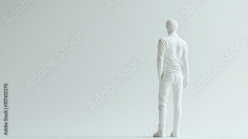 Sculpted male figure in contemplative pose, minimalistic monochrome design with soft lighting