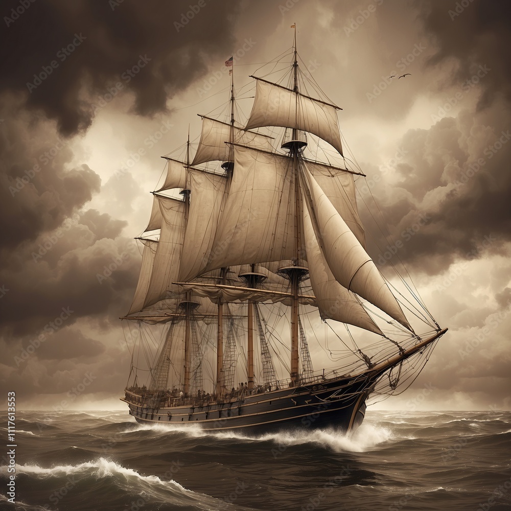 Fototapeta premium An antique illustration of a sailing ship at sea, detailed rigging, stormy skies, and sepia tones 