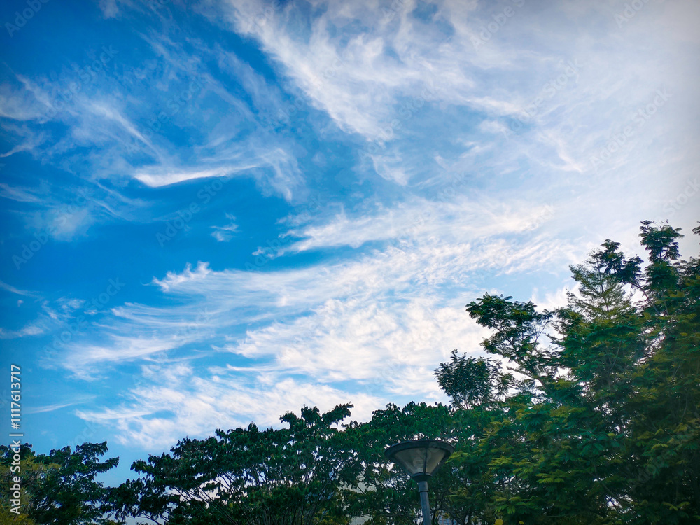 Obraz premium Bright blue sky with wispy white clouds