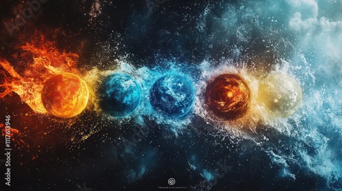 Visual representation of the five fundamental elements: Water, Fire, Earth, Space, and Creation, showcasing their interconnectedness in nature.
