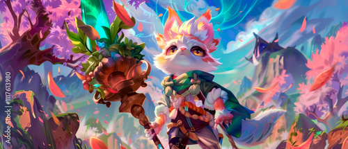 Cartoonish character with green cloak and stick standing in forest with pink flowers