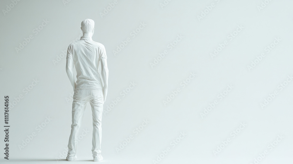 Monochrome white statue of a man standing with a minimalistic background, emphasizing simplicity and modern art. Monochrome white statue of a man standing with a minimalistic background, emphasizing simplicity and modern art.
