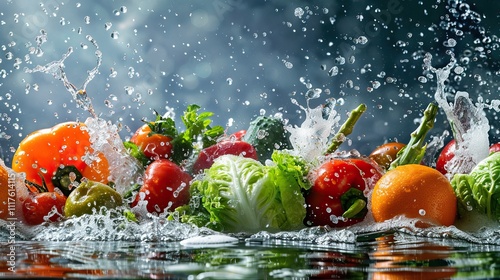 Fresh Vegetables Splashing in Water