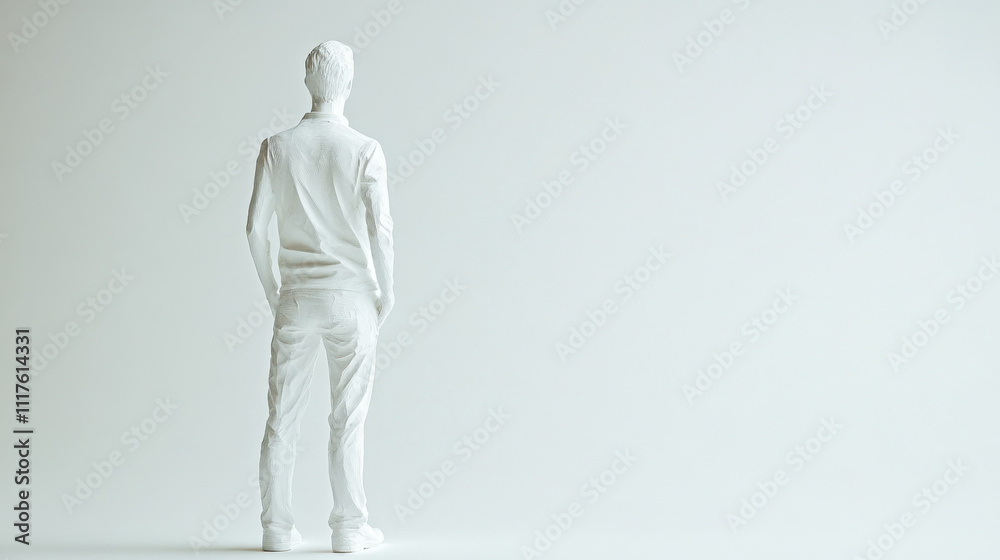 Minimalist sculpture of a man standing, viewed from behind, in a white modern art style. Minimalist sculpture of a man standing, viewed from behind, in a white modern art style.