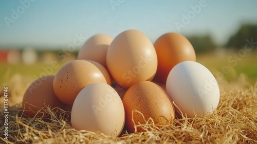 Egg farming, Quality. A pile of brown and white eggs resting on straw outdoors. photo