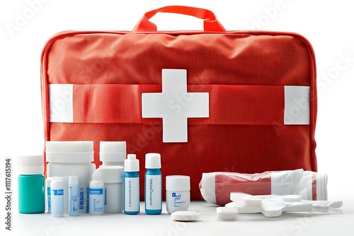 Red first aid kit with medical supplies, including bottles, bandages, and gauze, on a white background