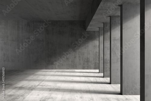 Modern architectural space with concrete walls and columns, showcasing minimalist design aesthetics. 3d render.