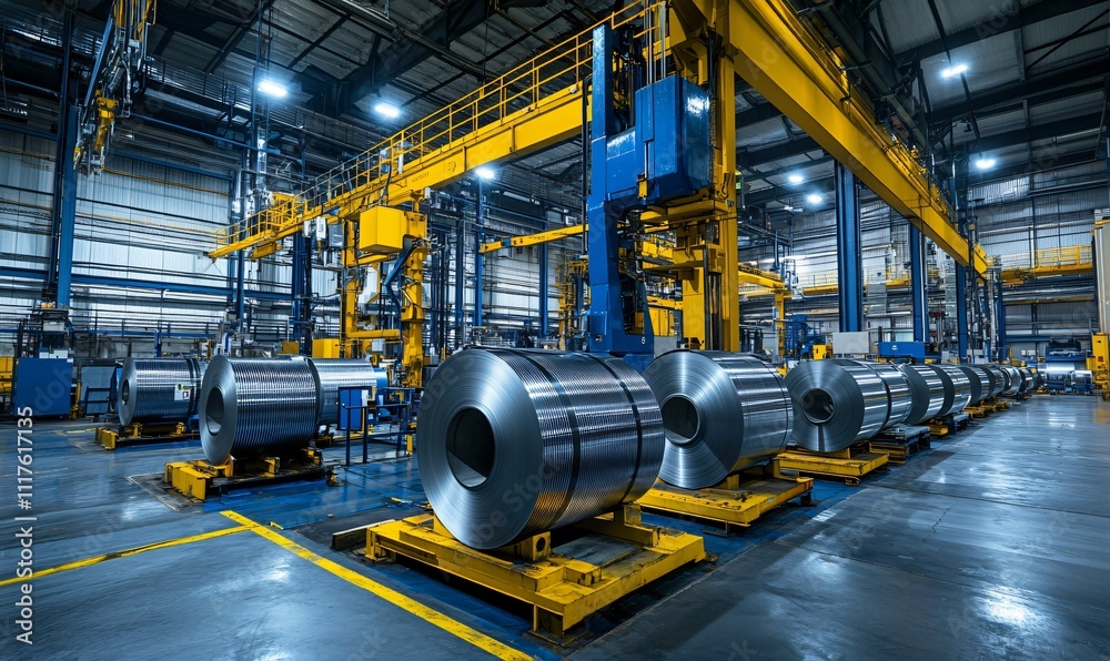 Factory warehouse with steel coils neatly stacked for industrial storage and processing. Factory warehouse with steel coils neatly stacked for industrial storage and processing.