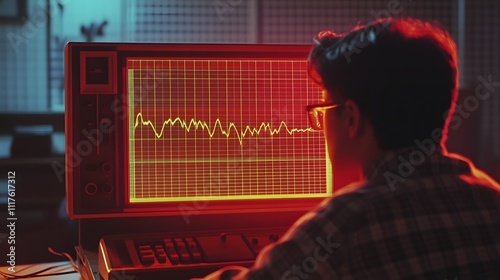 A cinematic capture of a teacher demonstrating the use of an oscilloscope to visualize sound waves from a tuning fork.