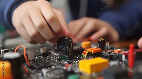 A detailed image of a student connecting jumper wires on an Arduino board to control a small servo motor. photo