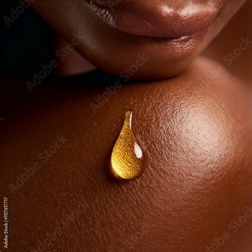 Close-up view of a drop of collagen serum or hyaluronic acid from on the black skin of a young African American woman