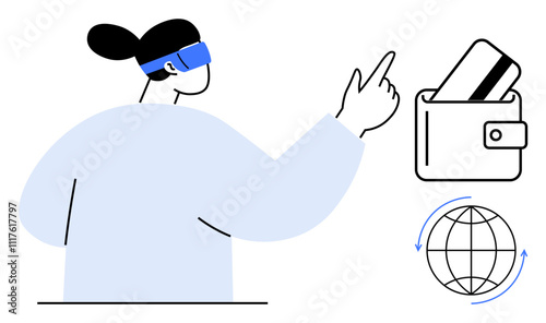 Person using VR headset interacting with virtual wallet and credit card. Ideal for technology, finance, digital payment, online transactions, VR applications, futuristic interactions, global