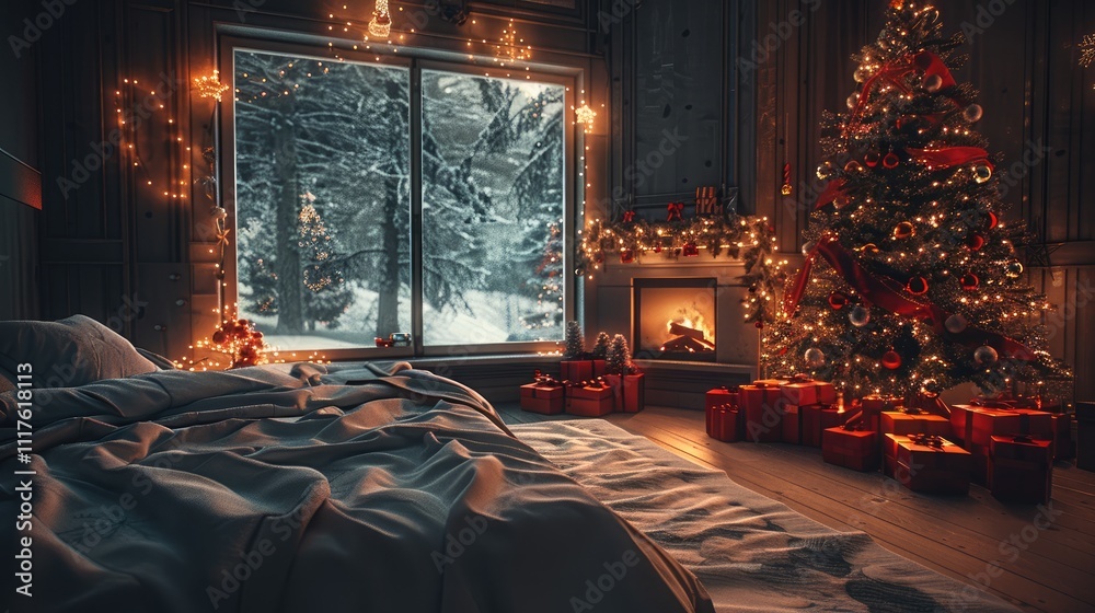 A cozy bedroom with grey bed sheets, in the bedroom brightly decorated with Christmas season and there is a Christmas tree, red gift boxes, a burning fireplace, overlook window a night forest on. A cozy bedroom with grey bed sheets, in the bedroom brightly decorated with Christmas season and there is a Christmas tree, red gift boxes, a burning fireplace, overlook window a night forest on.