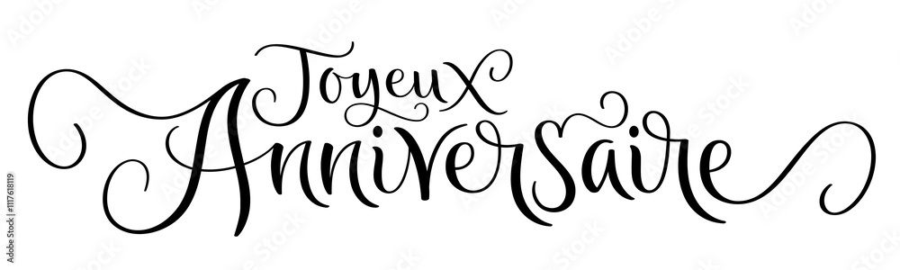 JOYEUX ANNIVERSAIRE (HAPPY BIRTHDAY in French) black vector brush calligraphy banner on white background JOYEUX ANNIVERSAIRE (HAPPY BIRTHDAY in French) black vector brush calligraphy banner on white background