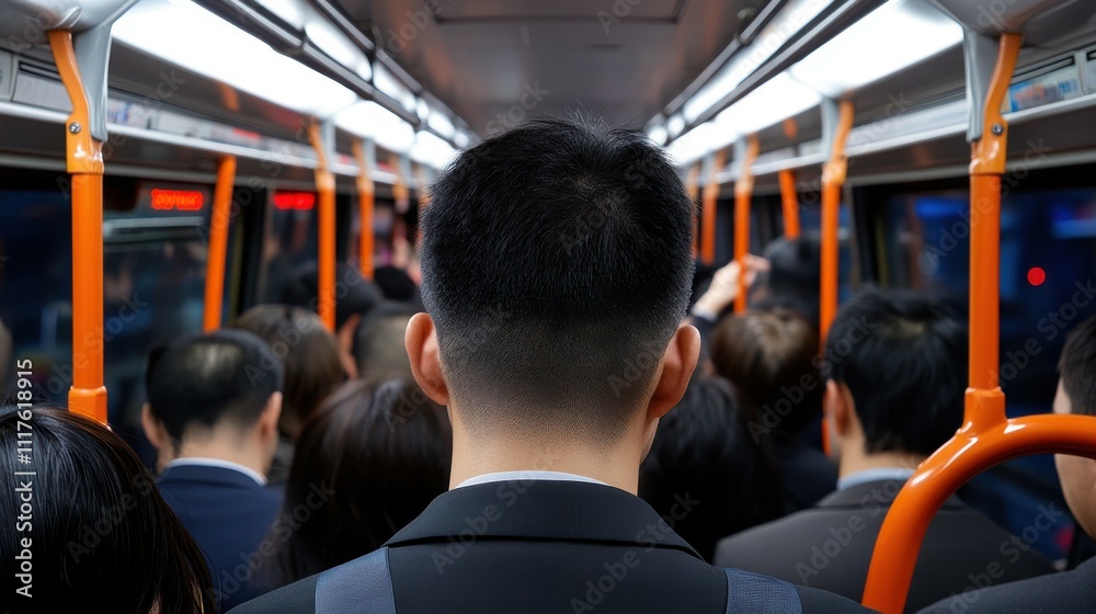 Fototapeta premium A man with a shaved head is looking out the window of a crowded bus
