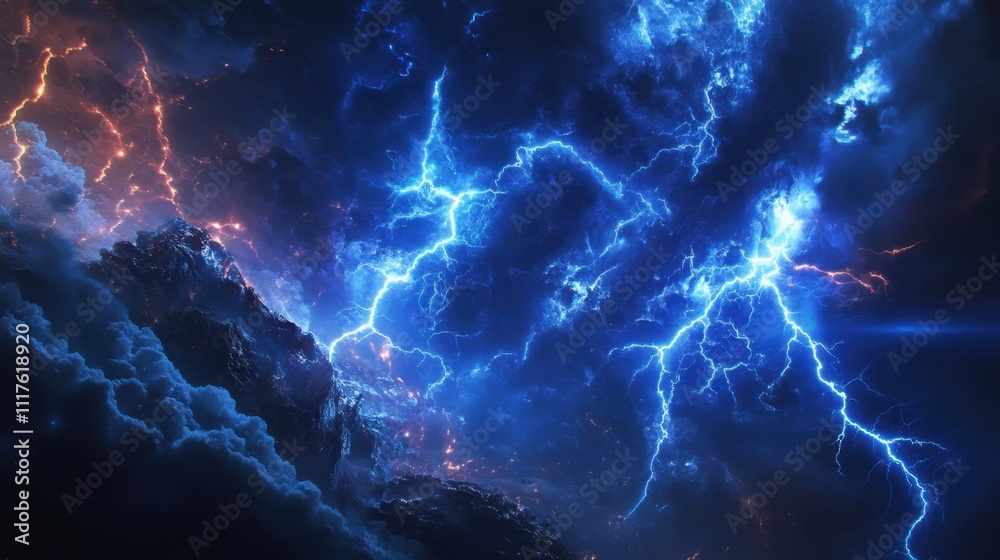 Dramatic Lightning Storm Over Dark, Volcanic Landscape. Dramatic Lightning Storm Over Dark, Volcanic Landscape.