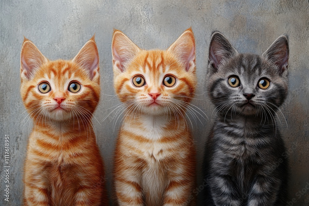 Three adorable kittens, two orange tabbies and one gray tabby, posing together. Three adorable kittens, two orange tabbies and one gray tabby, posing together.