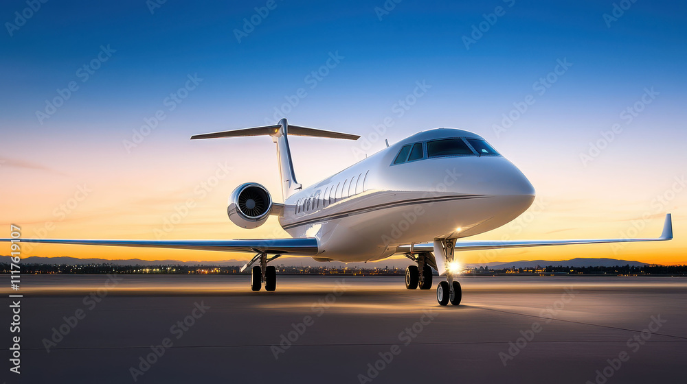 A large white jetliner is parked on the runway at sunset A large white jetliner is parked on the runway at sunset