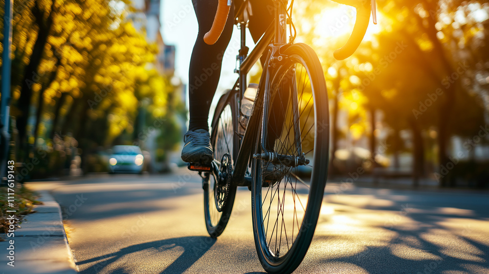 Close-up of a cyclist riding through a sunlit urban street, capturing the energy of active commuting during golden hour Close-up of a cyclist riding through a sunlit urban street, capturing the energy of active commuting during golden hour