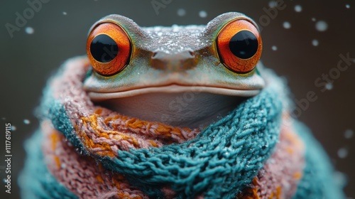 Ultra-realistic anthropomorphic frog wearing colorful clothing, creating a unique and playful character. photo