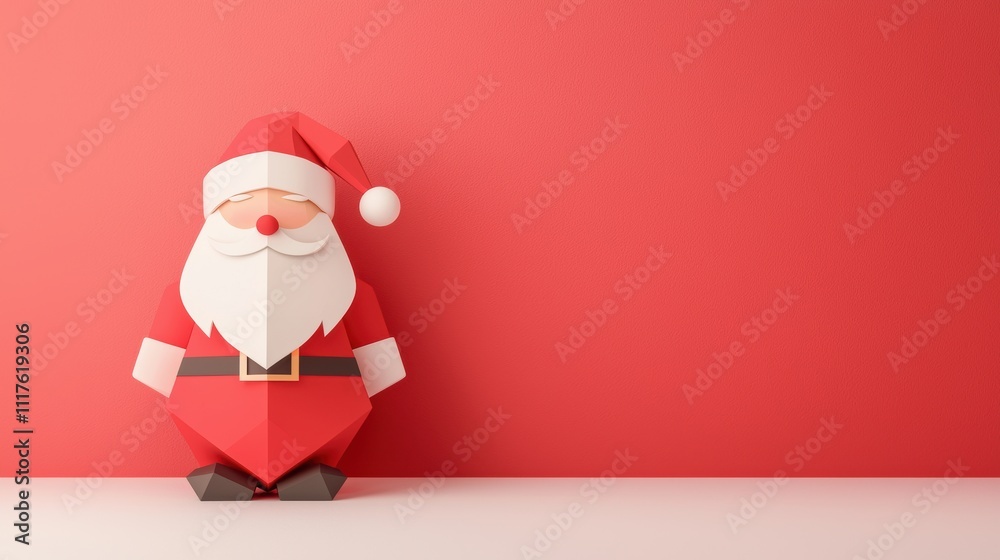A festive, stylized Santa Claus figure made of paper, standing against a bright red wall, embodying holiday cheer and creativity. A festive, stylized Santa Claus figure made of paper, standing against a bright red wall, embodying holiday cheer and creativity.