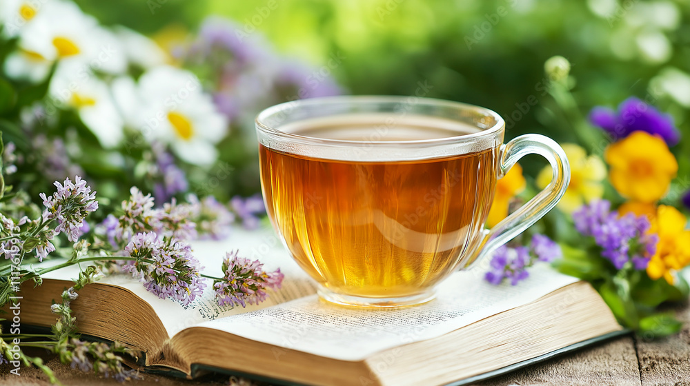 A peaceful moment with an open book, a cup of herbal tea, and wildflowers in a sunny garden setting, evoking relaxation and mindfulness A peaceful moment with an open book, a cup of herbal tea, and wildflowers in a sunny garden setting, evoking relaxation and mindfulness