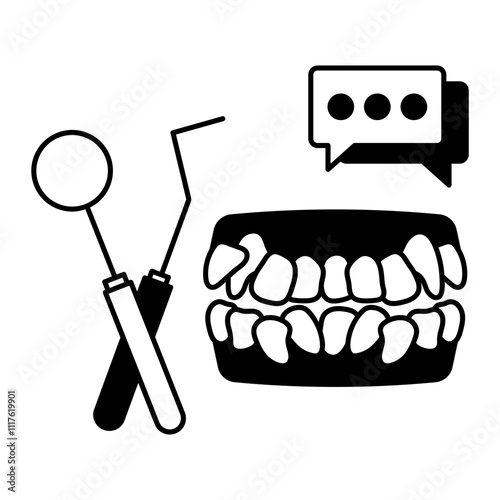 Crowded or Misaligned teeth with Dental Excavator Concept, dental crowding or malocclusion with mouth Mirror vector design, Odontology symbol, manual dexteritysign, Dentist tools stock illustration