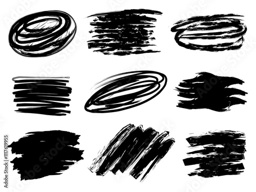 Vector hand drawn of black grungy round and square brush stroke scribble circle collection isolated.