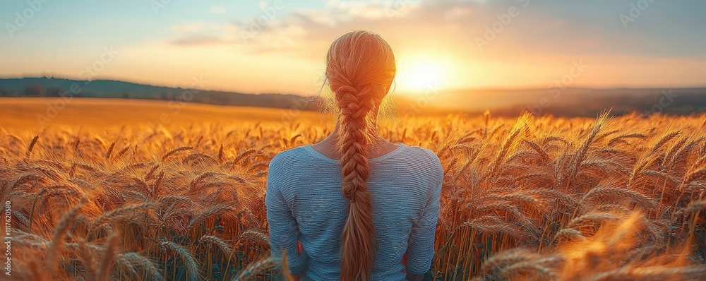 Fototapeta premium A back view of a woman with braided hair standing in a golden wheat field, gazing at a vibrant sunset in the distance.