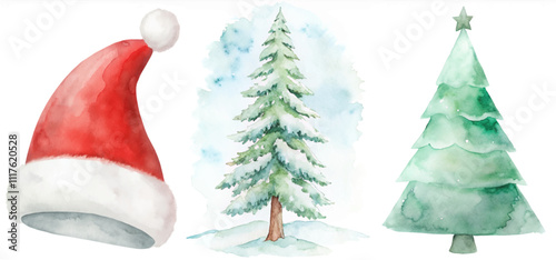 Three Christmas trees and a red hat