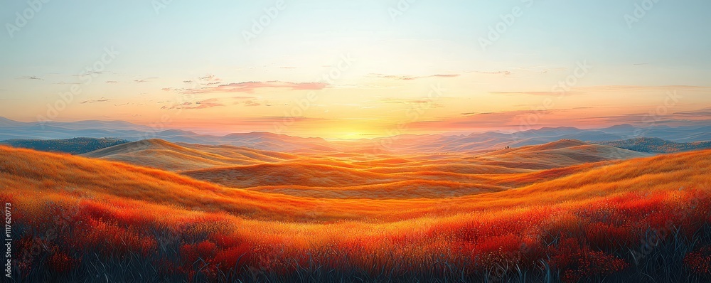 A stunning sunset over rolling hills, bathed in golden and orange hues, creating a serene and picturesque landscape. A stunning sunset over rolling hills, bathed in golden and orange hues, creating a serene and picturesque landscape.