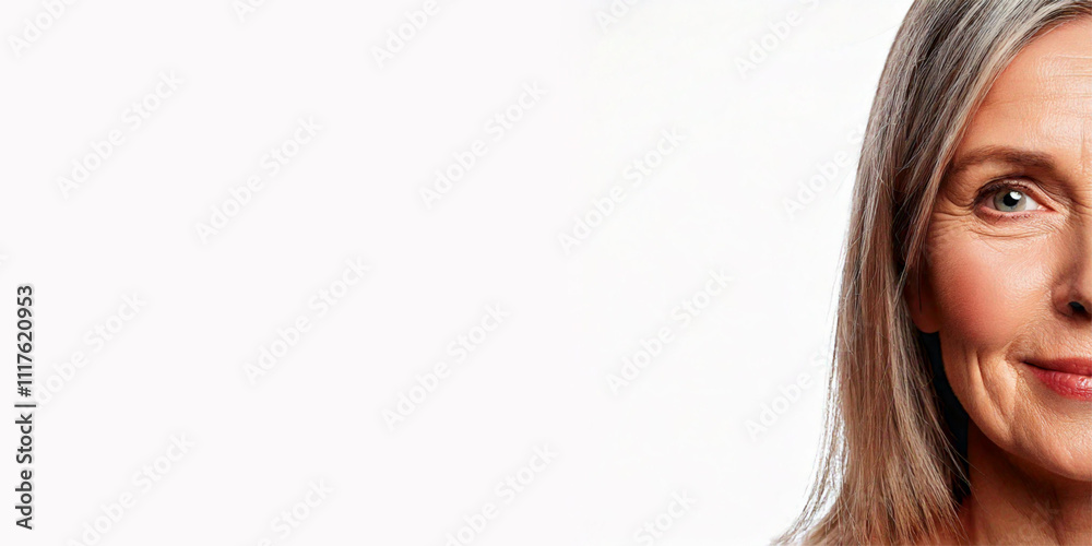 Half-face portrait of a beautiful middle-aged smiling woman looking at the camera isolated on white with free space for text. Age changes, anti-wrinkle skincare treatment, collagen-boosting therapy Half-face portrait of a beautiful middle-aged smiling woman looking at the camera isolated on white with free space for text. Age changes, anti-wrinkle skincare treatment, collagen-boosting therapy