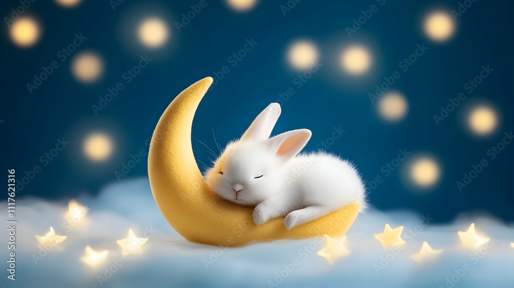 Felt material, suitable for illustrations in children's picture books. A fluffy and cute little white rabbit is sleeping on a yellow crescent moon. The background is a blue starry sky. Very cute Felt material, suitable for illustrations in children's picture books. A fluffy and cute little white rabbit is sleeping on a yellow crescent moon. The background is a blue starry sky. Very cute