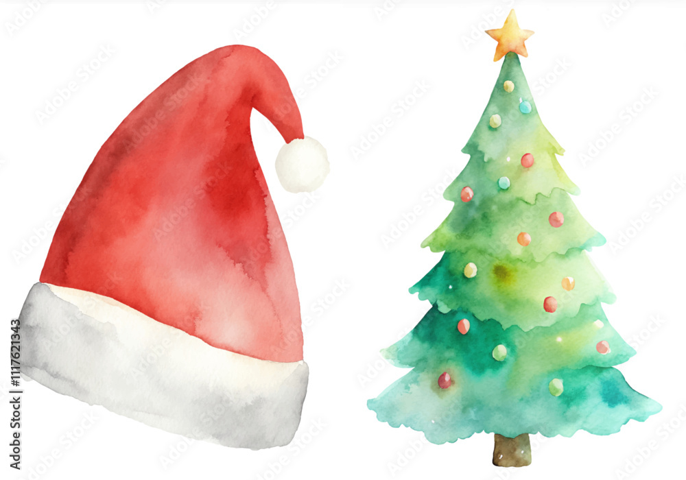 A red hat with a white star on it sits next to a green Christmas tree A red hat with a white star on it sits next to a green Christmas tree