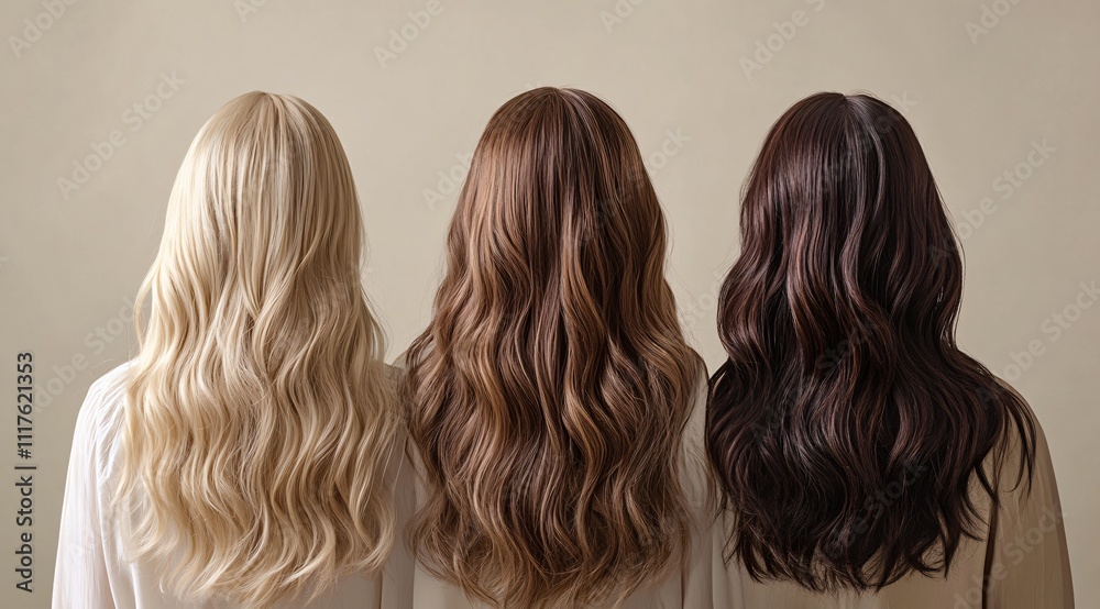 Fototapeta premium Three beautiful women with brown curly hair, styled with dyed and permed curls, shown from behind, showcasing elegant and fashionable hairstyles.