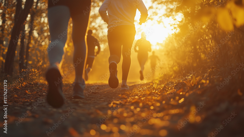 A group of friends jogging together on a scenic nature trail during sunrise, symbolizing a healthy and active lifestyle A group of friends jogging together on a scenic nature trail during sunrise, symbolizing a healthy and active lifestyle