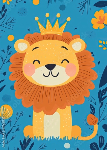 Happy lion illustration on a dark blue background, with a cheerful cartoon style, perfect for kids’ room decor or playful nursery art