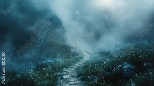 Misty mountain path winding through lush greenery towards a shrouded peak.