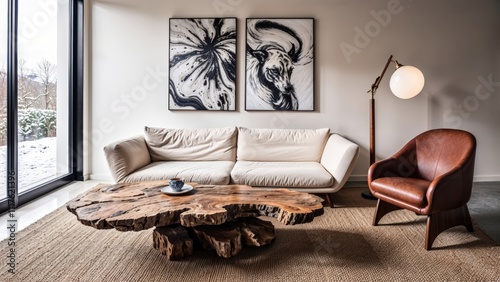 Generative AI, Living room with reclaimed wood coffee table and modern abstract gallery wall photo