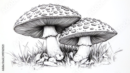 A detailed black-and-white illustration of two mushrooms in grass.