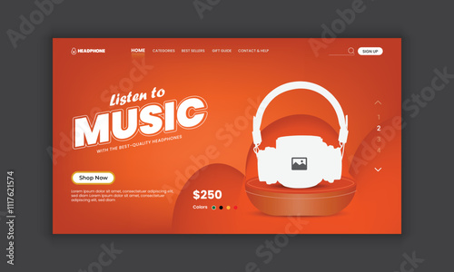 New arrival Headphone brand product landing page or Music headphone website home page hero section user interface design template