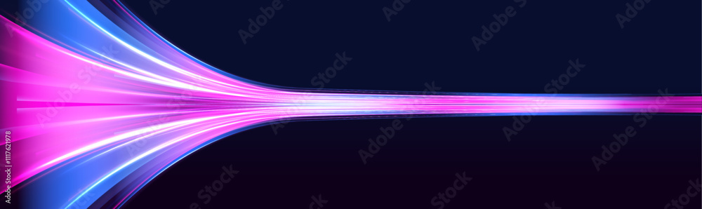 Fototapeta premium Abstract image of speed motion on the road. Dark blue abstract background with ultraviolet neon glow, blurry light lines, waves. Glittering light trails and fire flare traces.