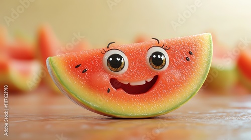 A cheerful cartoon watermelon slice with big eyes and a smiling face. photo